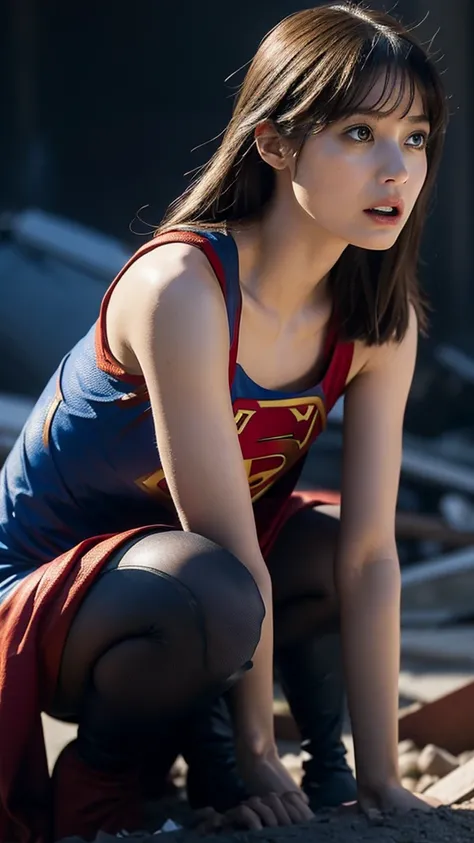 Supergirl, Beautiful Supergirl, Height : 152 CM, Supergirl Trapped in the rubble of a destroyed building burning hot fire, midday, supergirl tanktop costume, hair tied, hair bangs, Supergirl was sweating profusely, Supergirl had wet sweat on her chest, Sup...