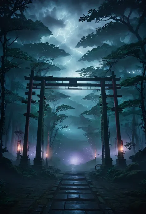 a mysterious dark forest, abandoned torii gate, no people, mist, atmospheric, dramatic lighting, moody, cinematic, fantasy, intricate details, high quality, 8k, photorealistic, detailed environment, mood lighting, volumetric lighting, dramatic clouds, lush...