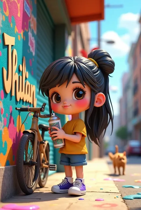 Create A chibi cute  style woman 3D illustration holding a paint spray. Vandalize the wall with a written name “Jhilian Mae” written in an elegant font with colorful splashes in the background. The name written in front view.
A bustling street scene with g...