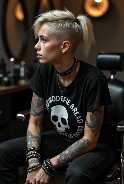 girl, ,  shaved undercut hair , braceletes, tattoo on the arm ,  black rock band t-shirt, Sitting on a barber chair in the background, profile view.