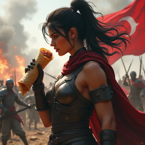 A female warrior standing in the middle of a battle, eating a minced meat wrap, with a hint of the Turkish flag visible among the warriors in the background. This will be a profile picture.