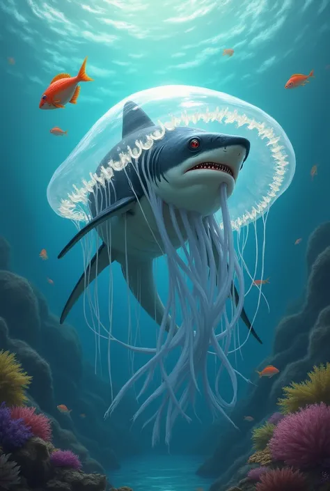  an animal whose  face is a  shark body is an jellyfish。realistically。beautiful。swimming。