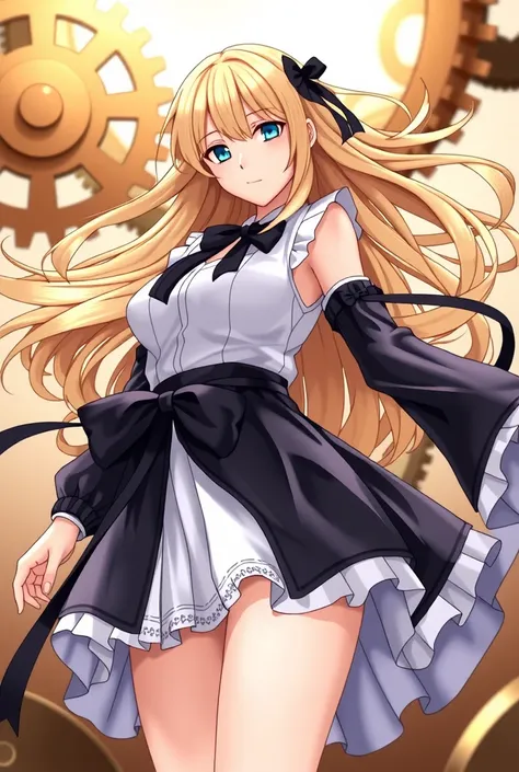 An intricately detailed anime-style illustration of a captivating female character with flowing, golden blonde hair that waves dynamically in the wind. She wears an elegant, fantasy-inspired outfit combining black and white elements, adorned with intricate...