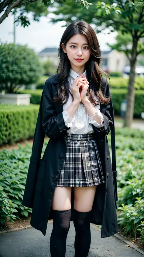 (8k、 RAW photos 、 best quality、masterpiece:1.2)、(Realistic、Realistic)、1 person、(( black long coat、Frills、uniform、 white shirt、 plaid shirt、 Pleated mini skirt、tights、 Medium Hair 、 black long boots 、Thin legs、whole body、garden、 stand with your hands on you...