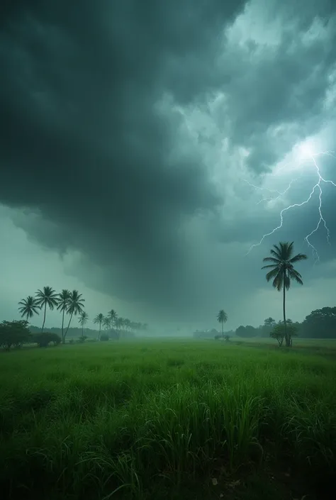 an image of a field where a severe tropical storm is raging 