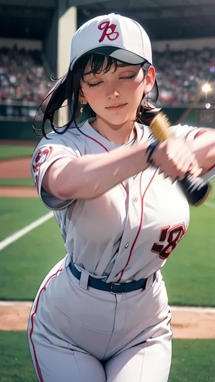 紫色の野球のユニフォームを着たとても beautiful women,hitting at tokyo dome stadium 、 standing at bat and holding a bat 、( very beautiful face deta...