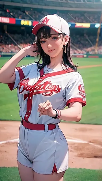 紫色の野球のユニフォームを着たとても beautiful women,hitting at tokyo dome stadium 、 standing at bat and holding a bat 、( very beautiful face deta...