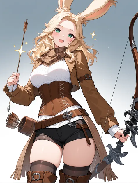 1girl, solo, viera, green eyes, weapon, animal ears, rabbit ears, quiver, bow (weapon), cowboy shot, arrow (projectile), looking at viewer, shorts, scarf, holding, smile, jacket, brown scarf, open mouth, blonde hair, cropped jacket, long hair, thighhighs, ...