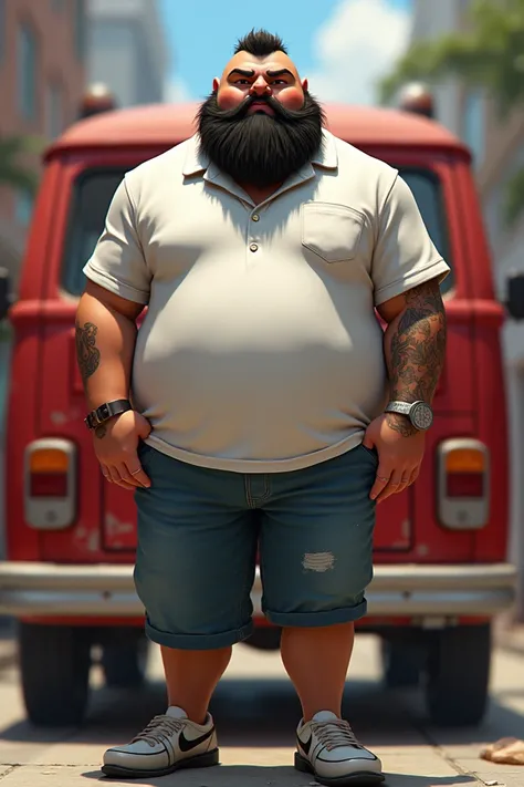  Hero of Dota 2 pudge with black beard  ,normal size white polo shorts ,  standing in front of a red van with two friends on the side