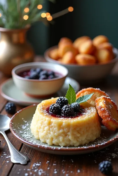 Christmas combo with rice pudding, sweet blackberry custard and fritters 