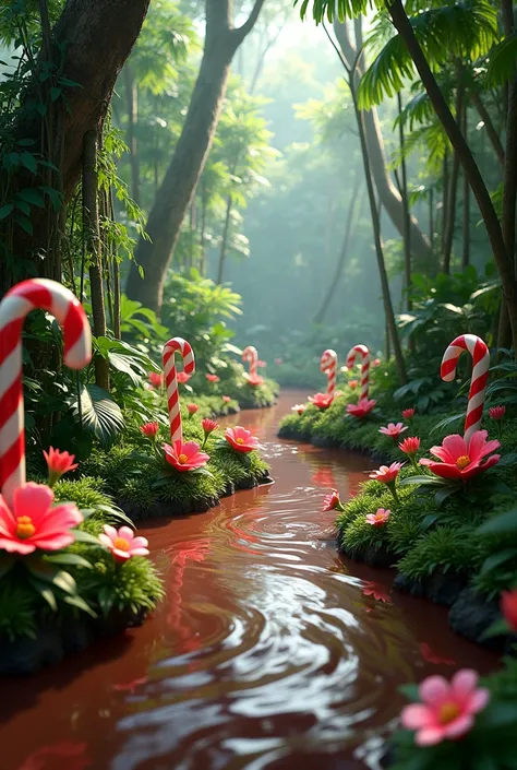 Rivière de chocolat avec sucre dorge et verdures dans la jungle 