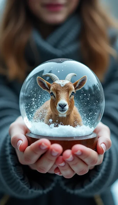 A goat inside the snow globe in a womans hand creates realistic images