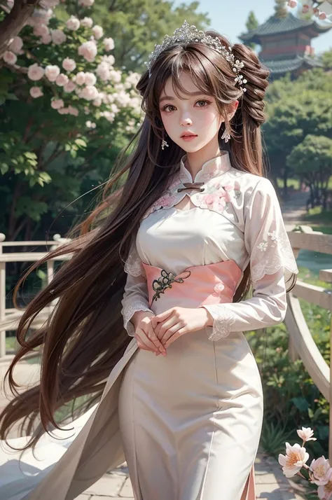  whole body， Brown Hair ，（（Phoenix eyes ））， Qing Dynasty girls ， Light and beautiful ， Elegant beauty ， Delicate ， Elegant beauty ，， Luxurious ， Wearing floral details Various palace decorations ， nature walk in blooming peach trees，Flag uniform，Embroidery...