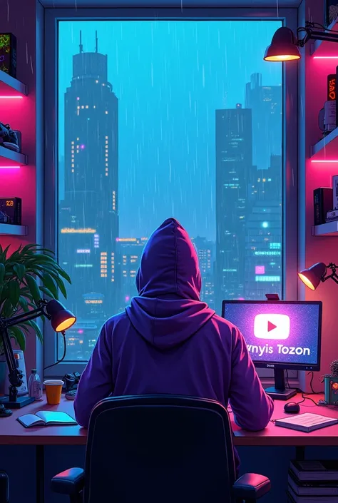 A futuristic and vibrant workspace in a cyberpunk style. A person wearing a purple hoodie and a high-tech visor mask is seated at a glowing desk with a microphone arm and an open book. The desk includes a sleek laptop, a coffee cup, and colorful tech gadge...