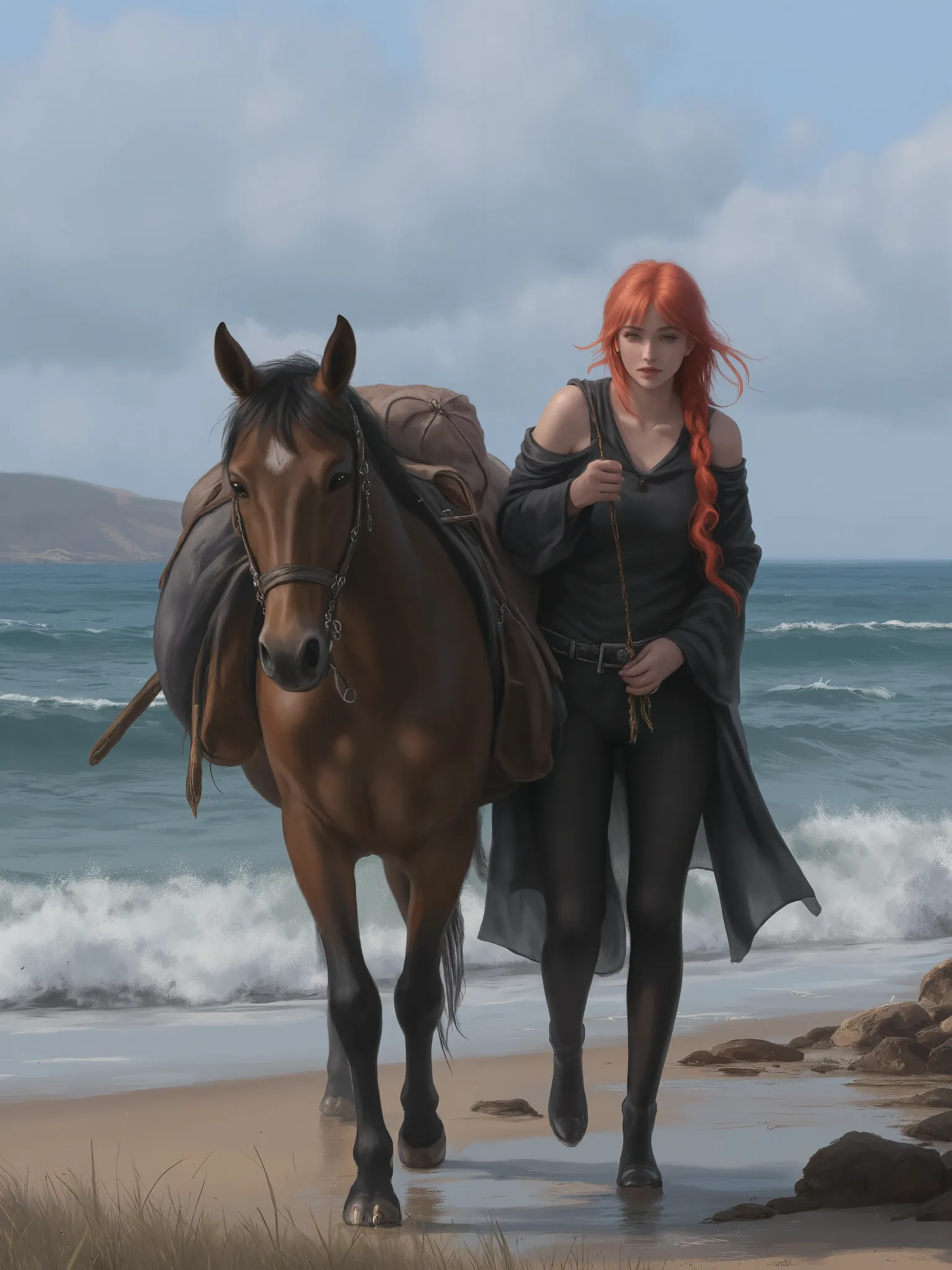 image is a digital painting depicting a coastal scene with a woman and a horse. the style is realistic with a painterly touch, s...