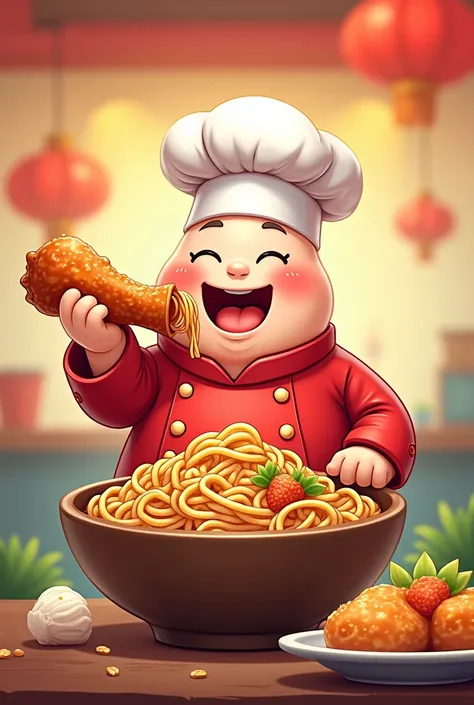  Pimai Crispy Pork Noodle Shop Logo， cute,  chubby ， Chef holding chicken drumsticks having fun eating，4 ，1920P Picture Quality 
