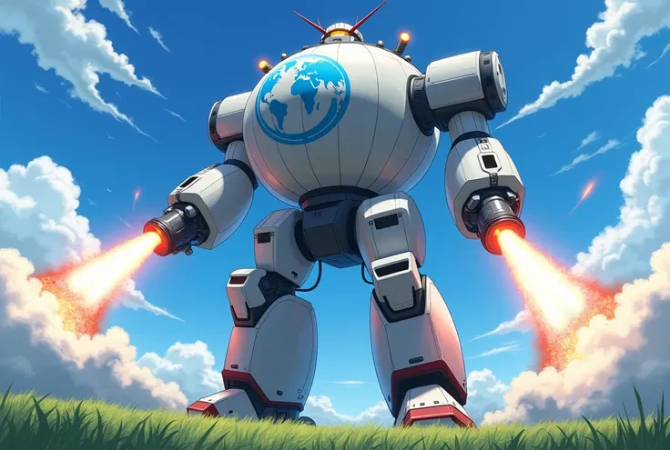 A 2D illustration of a giant robot transformed from a hot air balloon, created in the style of 4K-quality 2020s Japanese anime. The robot is extending both arms forward and firing missiles from them. White smoke trails behind the missiles as they are launc...