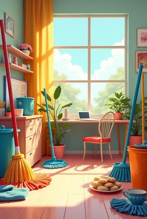  depicts a large cleaning scene in an office with a bright and fun atmosphere 。Cleaning tools（broom、mop、sweeper、 rags, etc. ） are arranged colorfully 、 in a space with a sparkling sense of cleanliness 。handmade scones on the background、 Tables with cookies...