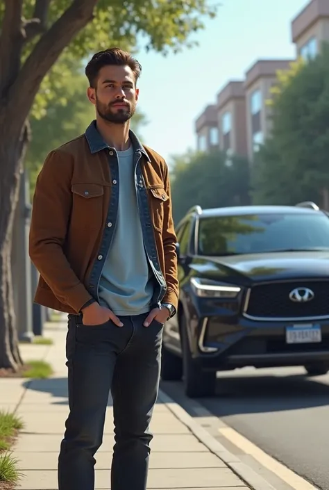 A young brown man ,  medium size  , brush hair, light beard, yeux clairs, portant jean noir,  pale blue shirt , blonson en dain attend sur le trotoir le long dun boulevard alors quun SUV noir sapproche.