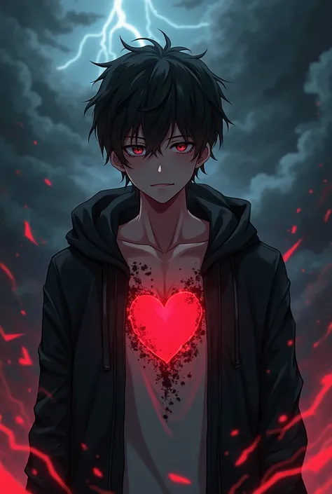 A young man whose heart can be seen because his skin is falling off.  He is sad and crying .   He wears a black jacket and is bordered by a black and red shadow .   The context is a thunderstorm.  Anime style image 