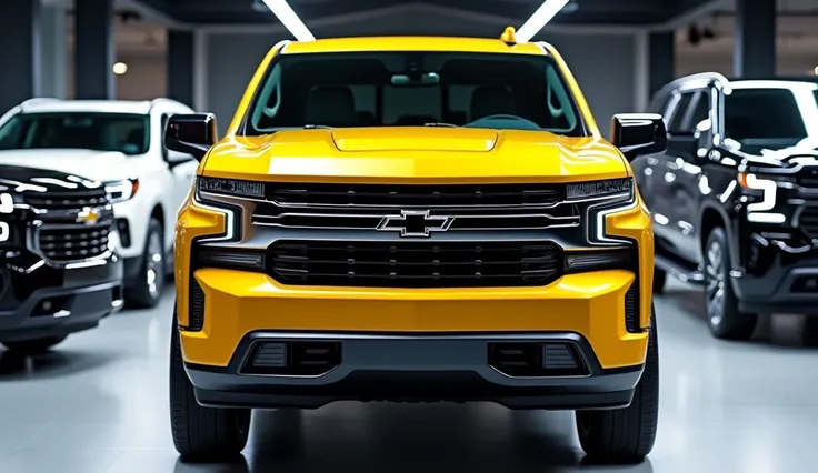 2025 Chevrolet C10 pickup in showroom colour yellow front view with other cars 