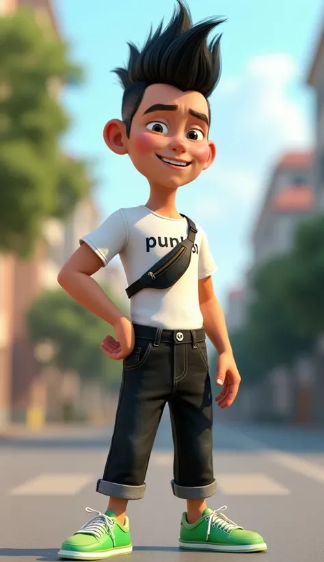 in 3D animation , Indonesian men,  short hair black mohawk ,  wearing a white t-shirt with the inscription  "Punk So "  printed on the front ,  black waist bag ,  black knee-length jeans ,  stabillo green sneakers, stand,  cheerful facial expression 