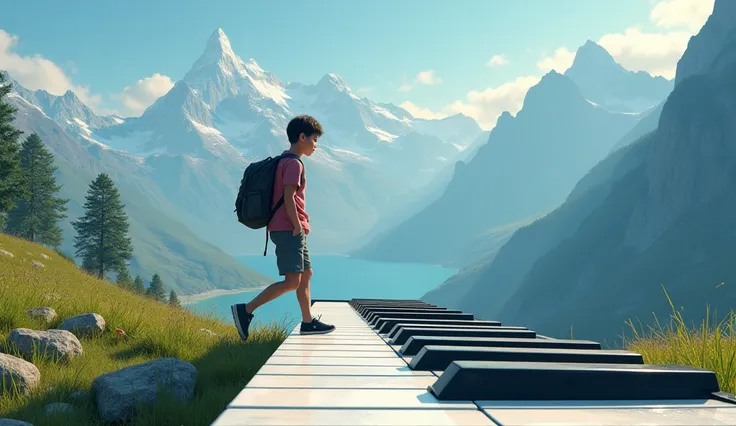 A  carries a backpack and walks on the keyboard of the piano, looking at the mountains in the distance.