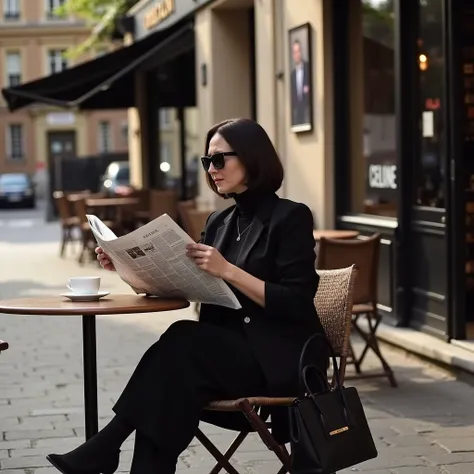  next to her is a cup of coffee and saucer ,  with dark hair , bob-cut , in Paris,  high-heeled palazzo pants ,  sunglasses and bag ,  Celine .  Nice warm atmosphere .  Photo of a beautiful stylish 30-year-old woman {x} She is sitting at a table in an outd...