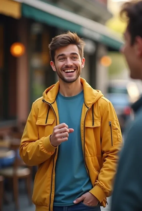 A young white man in a yellow jacket and blue t-shirt who is asking for a coffee