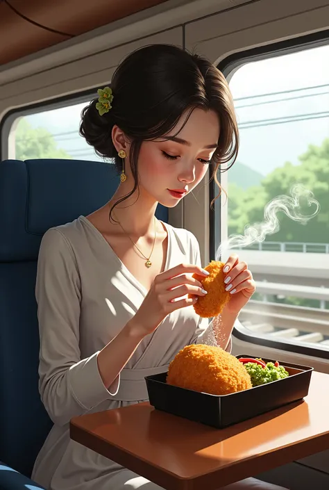 On the bullet train、Woman eating tonkatsu bento with bare hands