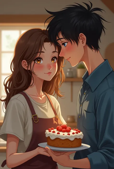 a couple. The woman bakes him a cake
The woman has
White skin, thin, 1,60 tall,  very light brown eyes ,  light brown hair, wavy, at waist height,  has some freckles and spots on the face  (striking feature ).

 Man, on the other hand 
White skin , reasona...