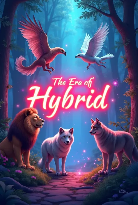 
"Create a vibrant and futuristic illustration featuring hybrid animals, combining characteristics of different species, like a lion with eagle wings, a giraffe with fish fins, or a wolf with dragon scales. The setting is a mystical forest bathed in glowin...