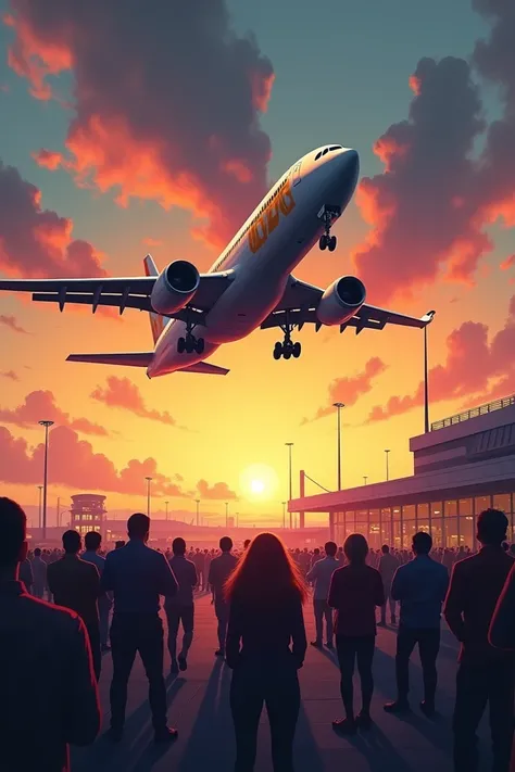 make a picture of a plane that has taken off with the words BTC written in yellow and there are many people left behind in the plane parking lot or airport