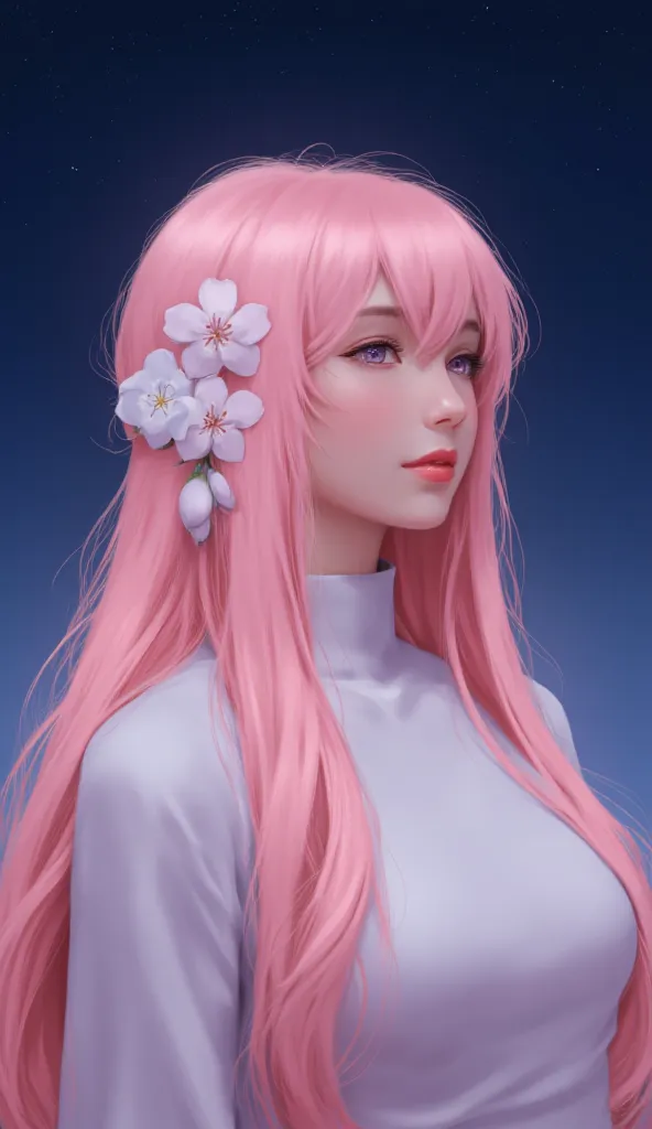 image is a digital illustration featuring an anime-style character with long, flowing pink hair adorned with a white floral hair...