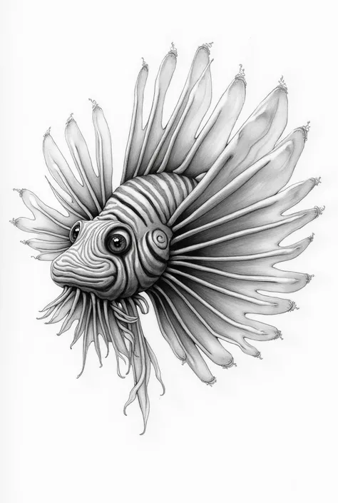 The metamorphosis or .  fusion of a lionfish with a human eye.  It should look like a pencil drawing  
