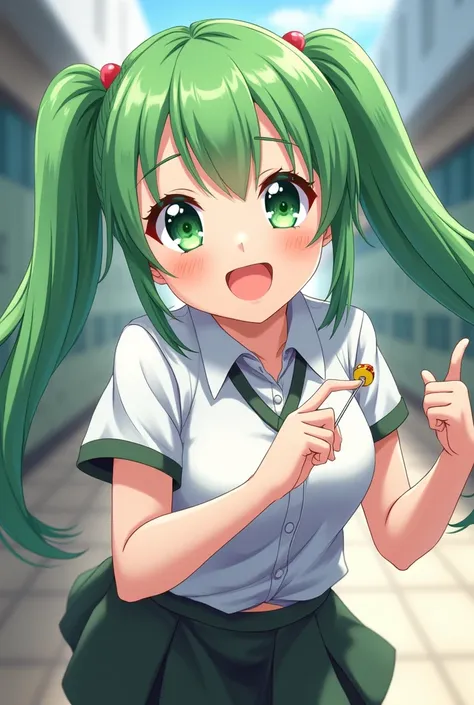 Anime style, cheerful high school girl, long 2 ponytail green hair, half body pic with cheerful pose, holding Pocky on her Pocky days