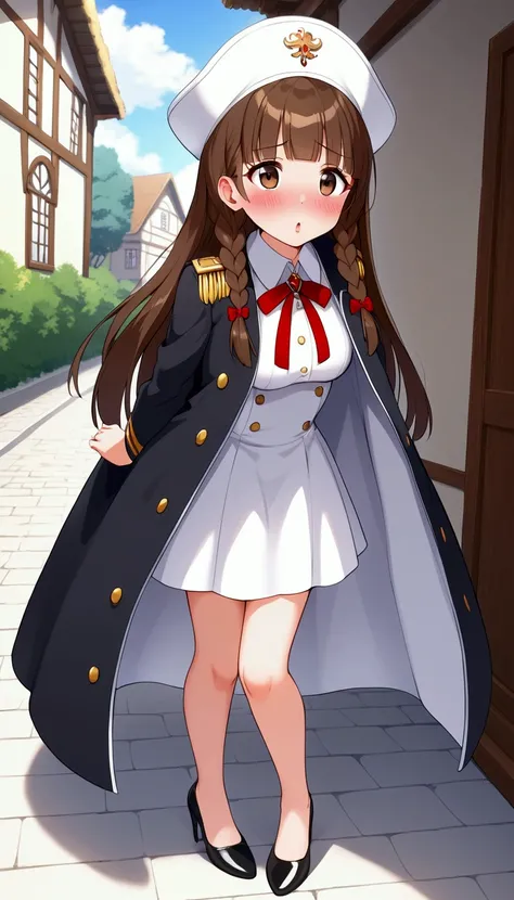 { best quality], [Very beautiful], [Ultra fine], [Best illustration], source_anime,stand,Brown Hair,hime cut,Long Hair,Braids,Excited face,Cutesy,Uniform cap, black long coat, skirt,Beautiful breasts,Black heels,Bare legs, slender, blush,Woman looking up,E...