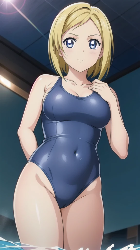 Blonde、 bob cut from the front、悲しいface、 blue eyes， Full Body Style 、Normal milk、 narrow waist 、Bare legs、Swimsuit、 Navy Blue School One Piece Swimsuit、Navy Blue Bloomers、 Official Art, Extremely High Definition CG Unity 8K Wallpaper, perfect lighting, colo...