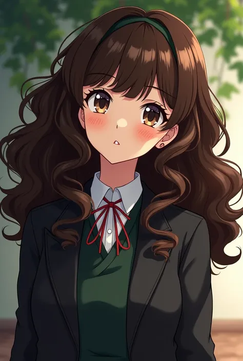 Girl with very curly dark brown hair with very curly bangs /curly 90s anime version she must be 19 years old and wear dark academy clothes like studio glibli the bangs need to be very curly 