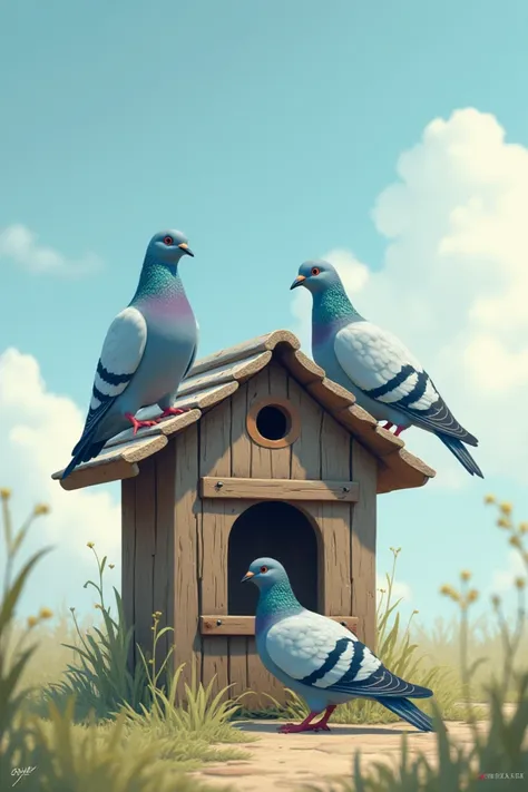 A simple pigeon house
In front of it a sky blue dove
and a gray-blue dove