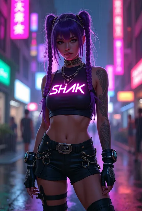  cyberpunk-inspired female characters are drawn 、 futuristic night illuminated by neon 々Standing there。she、 long purple braids with glowing accents Has hair 、 crop-tops with glowing neon letters 、Black leather shorts、 high-tech thigh-high boots with metall...