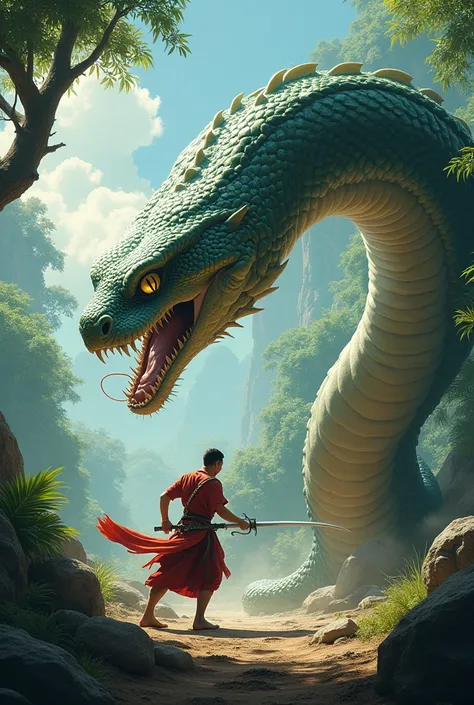 Giant snake against malay swordsman