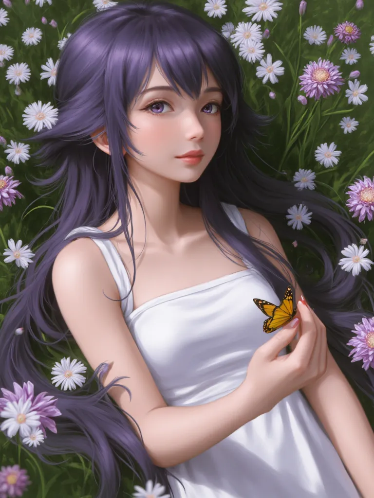 anime-style illustration depicting a young woman with long, flowing purple hair lying in a field of white and purple flowers. sh...