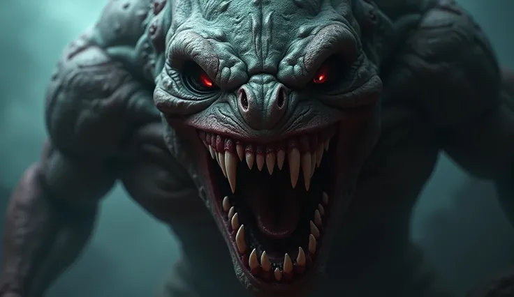 A close-up of a terrifying monster with large, sharp teeth, causing anyone who sees it to shiver in fear. The creature has menacing eyes and an aggressive expression, with shadows around it that add to the suspense