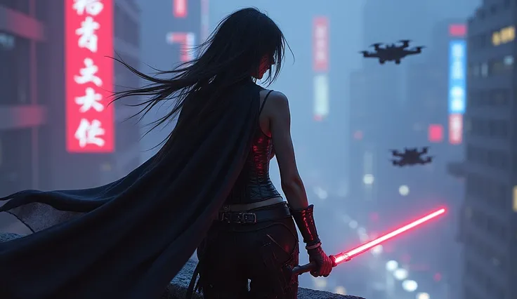 5. Battle Corset with Cloak
A bounty hunter wearing a corset-style battle vest with a tattered dark cloak, gripping a laser whip. She overlooks the city from a ledge as drones buzz around her in the foggy neon night.
