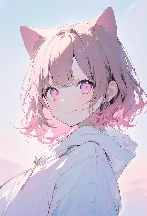 Good look , Alone, 1 female,  Medium Hair ,  brown hair, Pink highlights on the tips,  pale pink eyes,Smiling face， White Hoodies ， blue sky，
 background pastel color solid color、Cat ears