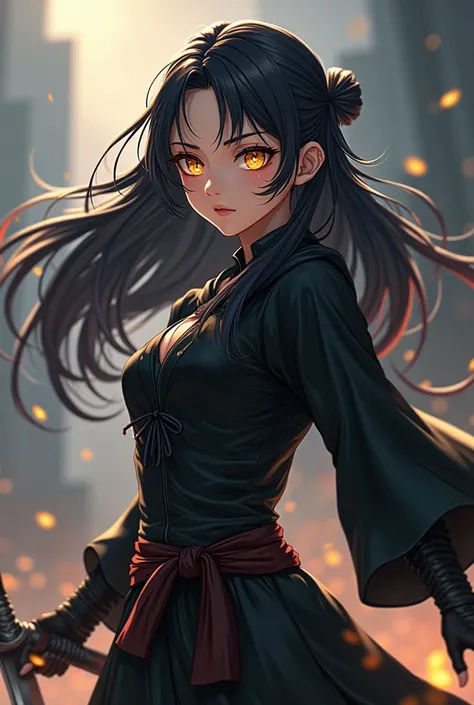 Beautiful cute anime warrior girl with golden glowing eyes and one sword  and black clothes long hair
Moder black warrior clothes but not sexy clothing 