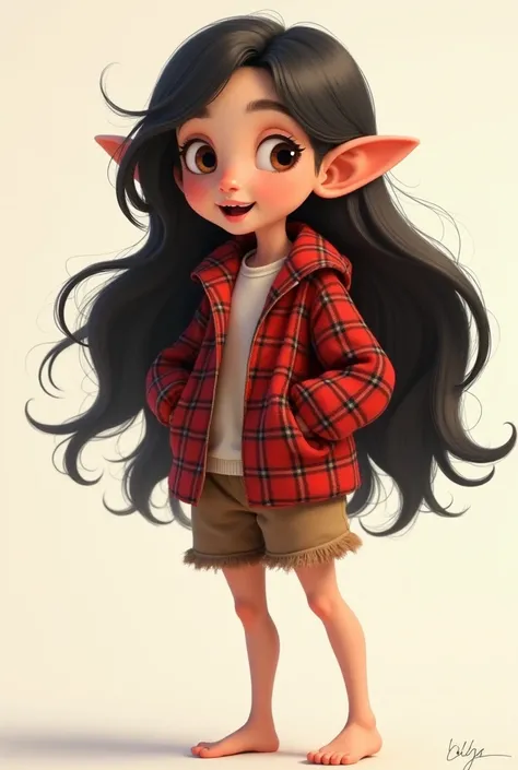  pixar-like poster of a girl with long half-sided hair with clineja,  full body with flannel and shork barefoot ,  an open arm and another arm around the waist  , Open mouth,  big eyes, Show off her ears 