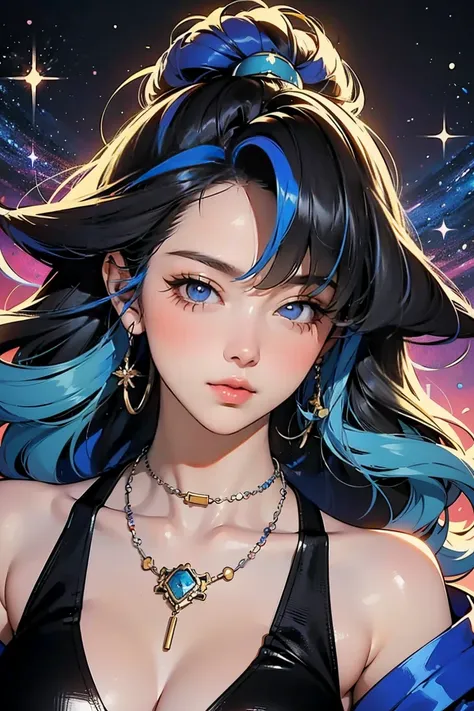 Close-up of a woman with  colorful  hair and necklace,  anime girl with space hair , Ross paints a soft, lively picture, Gvez-style artwork,  fantasy art style ,  colorful ],  Brilliant Fantasy Style , Ross draws vibrant cartoons, cosmic and  colorful , Gw...