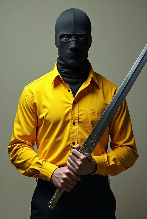 a person called "The Mask" wearing a yellow shirt, holding a sword